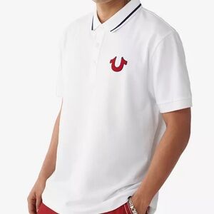 True Religion White Polo with Red Horseshoe and Navy Trim